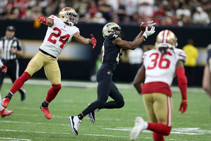 New Orleans Saints wide receiver Michael Thomas (13) makes a catch as 49ers defensive back K'Waun Williams (24) defends. Mandatory Credit: Chuck Cook-USA TODAY